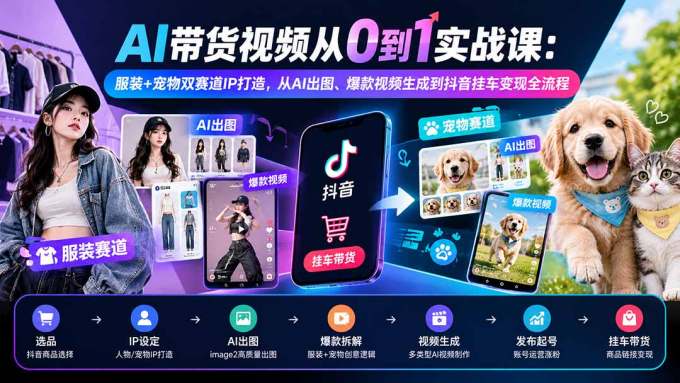 AI带货视频从0到1实战课:服装+宠物双赛道IP打造,从AI出图、爆款视频生成到抖音挂车变现全流程