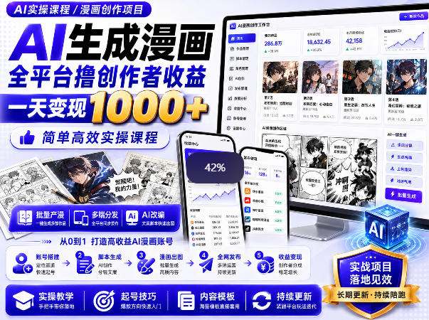 AI生成漫画全平台撸创作者收益内部课程,实操最高单日变现1k+