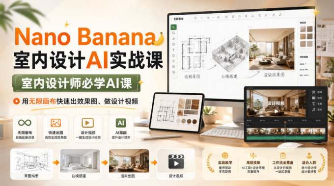 Nano Banana室内设计AI实战课，室内设计师必学AI课，用无限画布快速出效果图、做设计视频