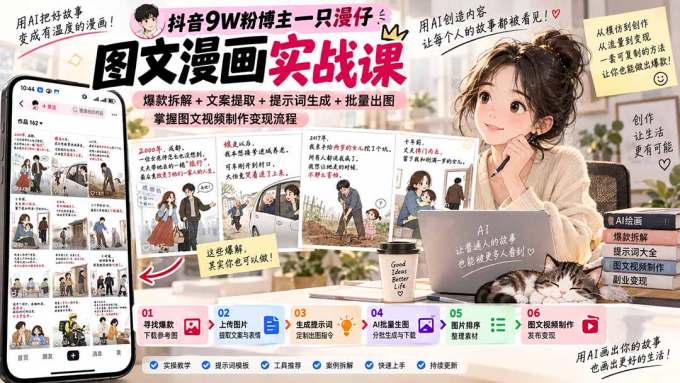 抖音9W粉博主一只漫仔图文漫画课：爆款拆解+文案提取+提示词生成+批量出图，掌握图文视频制作变现流程