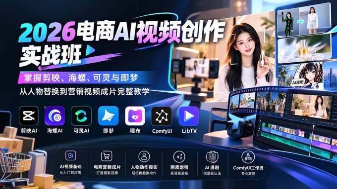 2026电商AI视频创作实战班：掌握剪映、海螺、可灵与即梦，从人物替换到营销视频成片完整教学