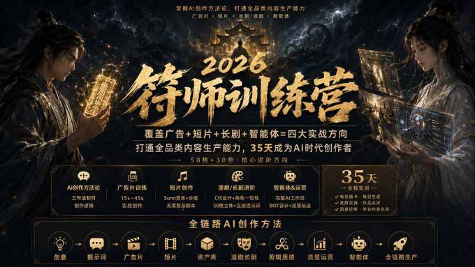 符师训练营-35天成为AI时代创作者,广告+短片+漫剧+智能体四大实战方向,掌握从创意到上线的完整工作流