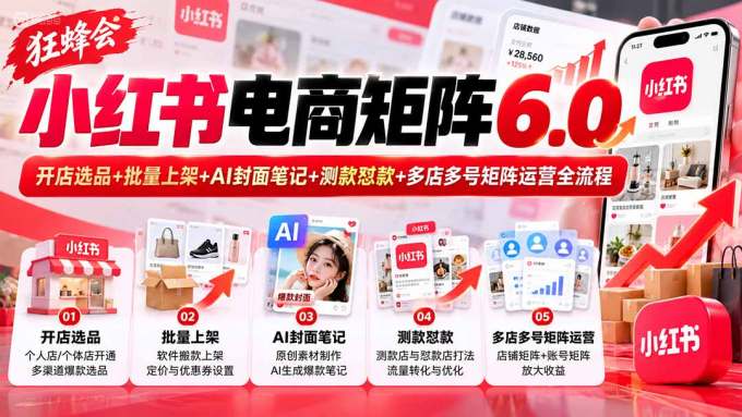 【无水印】狂蜂会小红书电商矩阵6.0：开店选品+批量上架+AI封面笔记+测款怼款+多店多号矩阵运营全流程