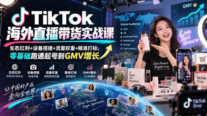 TikTok海外直播带货实战课｜生态红利+设备搭建+流量权重+精准打标，零基础跑通起号到GMV增长