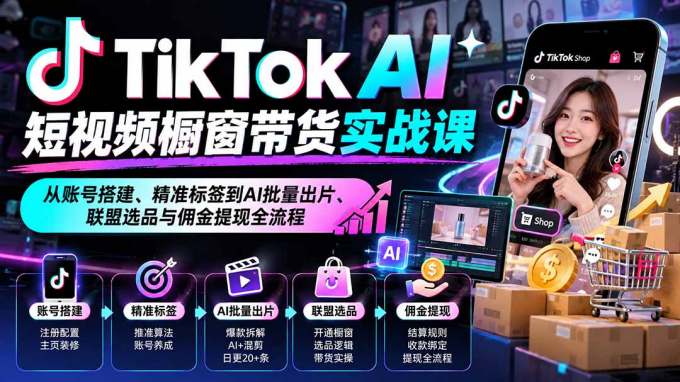 TikTok AI短视频橱窗带货实战课:从账号搭建、精准标签到AI批量出片、联盟选品与佣金提现全流程