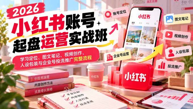 2026小红书账号起盘运营实战班：学习定位、图文笔记、视频创作、人设包装与企业号投流推广完整流程