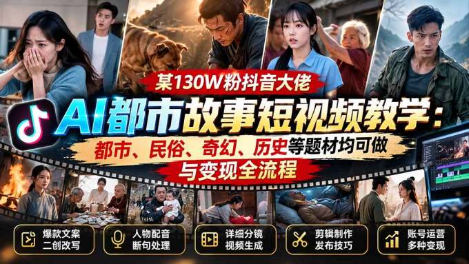 某130W粉抖音大佬AI都市故事短视频教学：都市、民俗、奇幻、历史等题材均可做与变现全流程