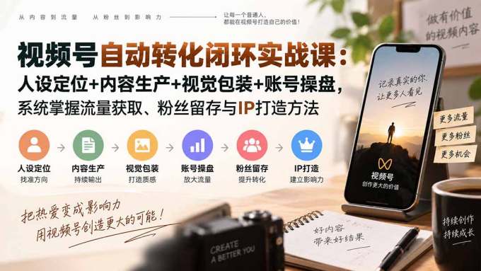 视频号自动转化闭环实战课:人设定位+内容生产+视觉包装+账号操盘,系统掌握流量获取、粉丝留存与IP打造方法
