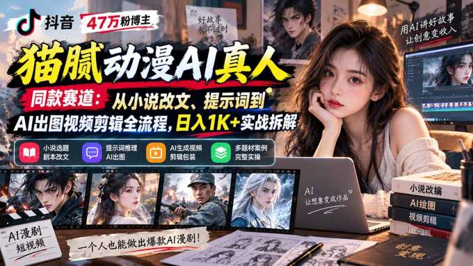 抖音47万粉博主猫腻动漫AI真人同款赛道：从小说改文、提示词到AI出图视频剪辑全流程，日入1K+实战拆解