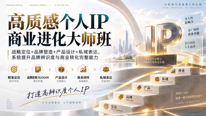 高质感个人IP商业进化大师班:战略定位+品牌塑造+产品设计+私域表达,系统提升品牌辨识度与商业转化完整能力