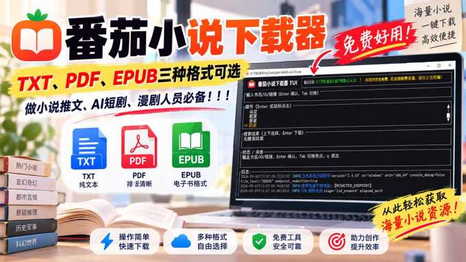 番茄小说下载器，TXT、PDF、EPUB三种格式可选，做小说推文、AI短剧、漫剧人员必备！
