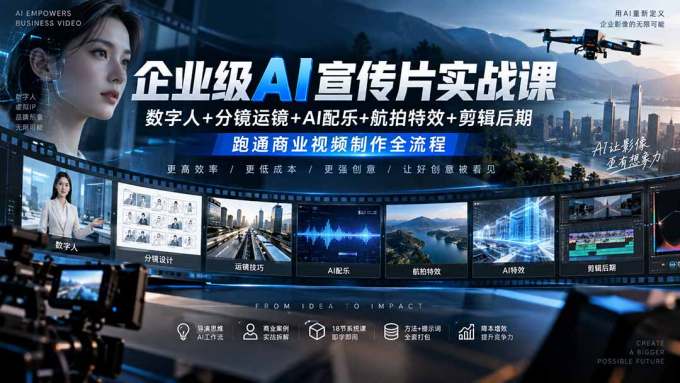 企业级AI宣传片实战课｜数字人+分镜运镜+AI配乐+航拍特效+剪辑后期，跑通商业视频制作全流程