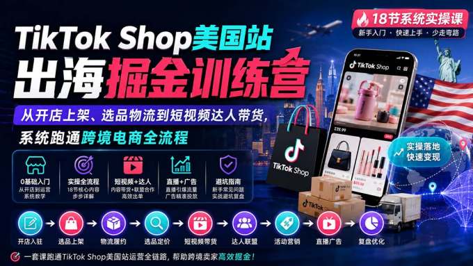 TikTok Shop美国站出海掘金训练营：从开店上架、选品物流到短视频达人带货，系统跑通跨境电商全流程