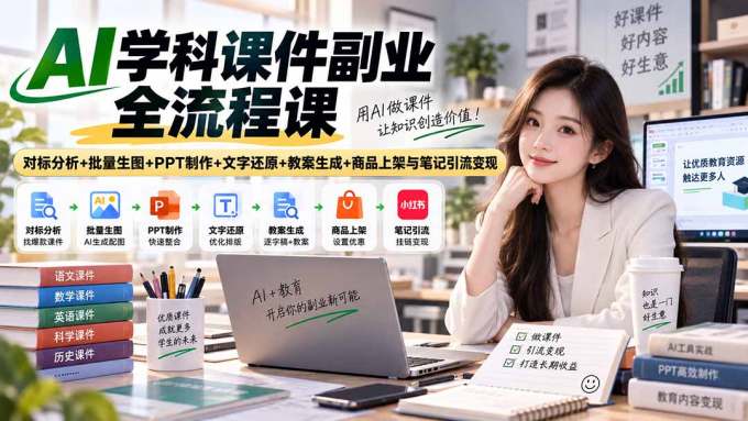 AI学科课件副业全流程课｜对标分析+批量生图+PPT制作+文字还原+教案生成+商品上架与笔记引流变现