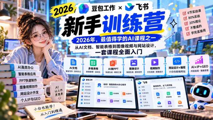 2026豆包工作+飞书新手训练营-9月新课：从AI文档、智能表格到图像视频与网站设计，一套课程全面入门
