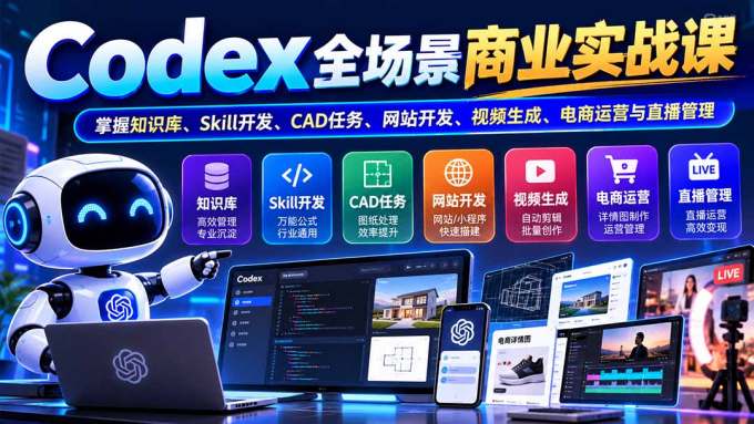 【无水印】Codex全场景商业实战课:掌握知识库、Skill开发、CAD任务、网站开发、视频生成、电商运营与直播管理