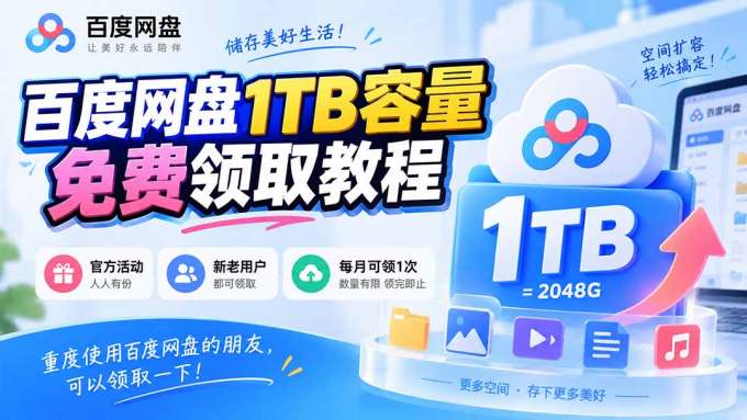 百度网盘1TB容量免费领取教程，重度使用百度网盘的朋友，可以领取一下，每月可领
