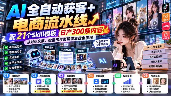 AI全自动获客+电商流水线：配21个Skill模板，日产300条内容，从对标文案、批量出片到投流复盘全流程