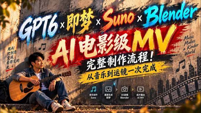 GPT6×即梦×Suno×Blender｜AI电影级MV完整制作流程！从音乐到运镜一次完成 (无水印)