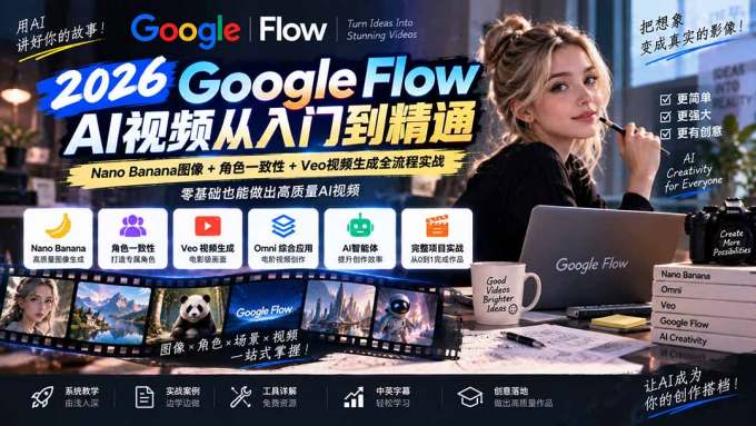 【无水印】Google Flow AI视频从入门到精通：Nano Banana图像+角色一致性+Veo视频生成全流程实战-精翻中英字幕