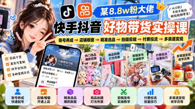 某8.8w粉大佬快手抖音好物带货实操课：账号养成→店铺橱窗→精准选品→拍摄剪辑→付费投流→多渠道变现