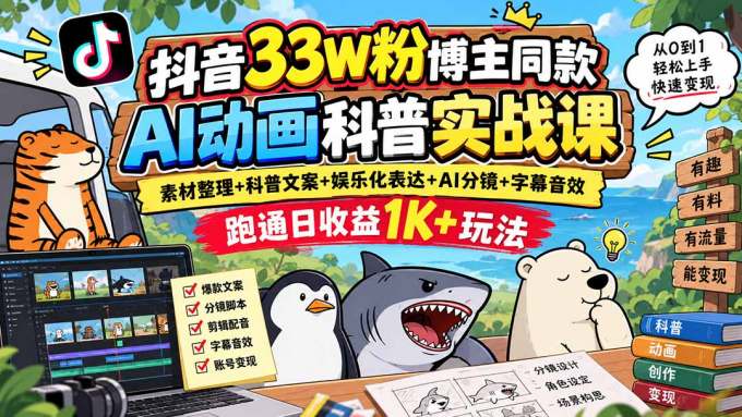 抖音33W粉博主同款AI动画科普实战课｜素材整理+科普文案+娱乐化表达+AI分镜+字幕音效，跑通日收益1K+玩法