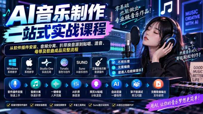 AI音乐制作一站式实战课程：从软件插件安装、音频分离、扒带换音源到贴唱、混音、母带及歌曲成品完整流程