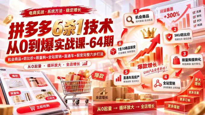 拼多多6杀1技术从0到爆实战课-64期：机会商品+防比价+限量购+全站营销+直通车+裂变完整六步打法
