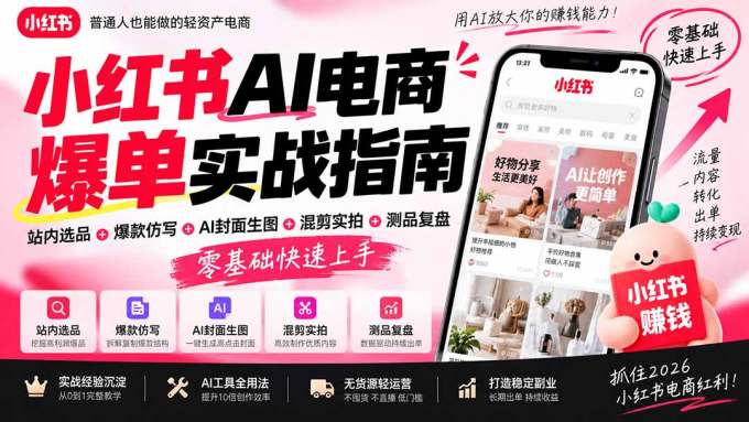 2026小红书AI电商爆单实战指南：站内选品+爆款仿写+AI封面生图+混剪实拍+测品复盘，零基础快速上手
