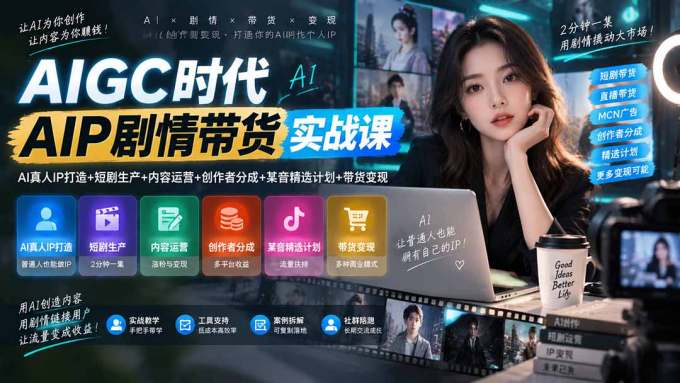 AIGC时代AI剧情带货实战课｜AI真人IP打造+短剧生产+内容运营+创作者分成、某音精选计划+带货变现