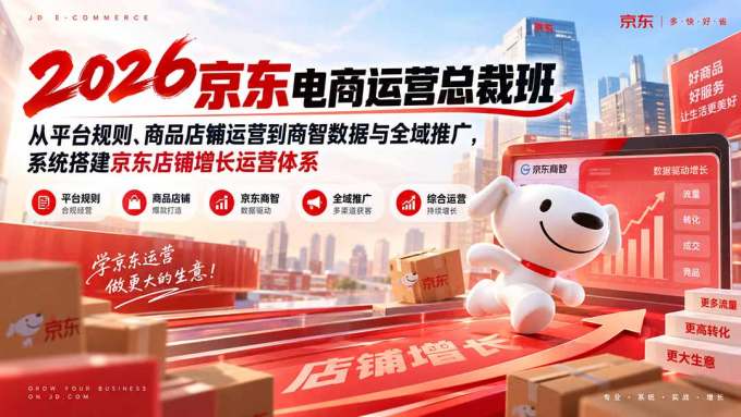 2026京东电商运营总裁班：从平台规则、商品店铺运营到商智数据与全域推广，系统搭建京东店铺增长运营体系