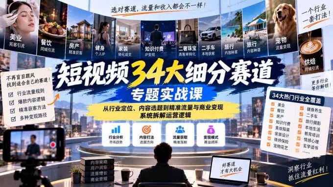 短视频34大细分赛道专题实战课：从行业定位、内容选题到精准流量与商业变现，系统拆解运营逻辑