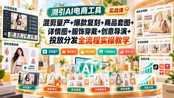 溯引AI电商工具实战课：混剪量产+爆款复刻+商品套图+详情图+服饰穿戴+创意导演+投放分发全流程实操教学