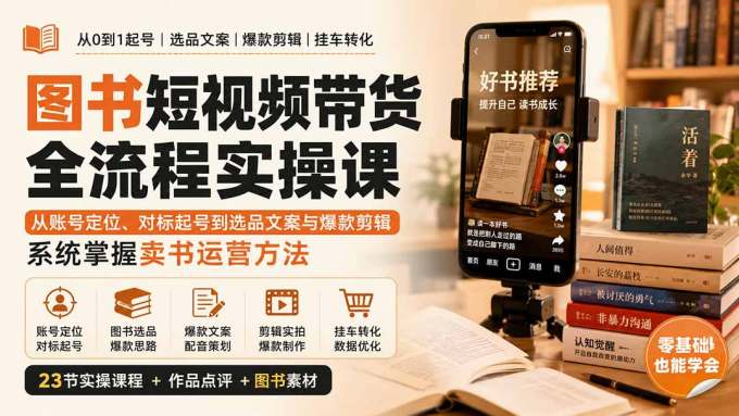 图书短视频带货全流程实操课：从账号定位、对标起号到选品文案与爆款剪辑，系统掌握卖书运营方法