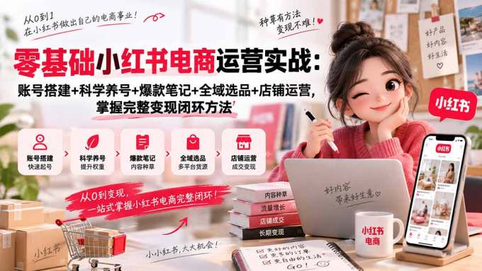 零基础小红书电商运营实战：账号搭建+科学养号+爆款笔记+全域选品+店铺运营，掌握完整变现闭环方法