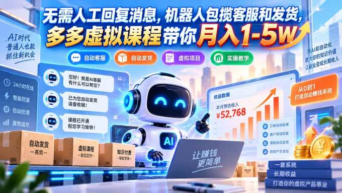 无需人工回复消息，机器人包揽客服和发货，多多虚拟课程带你月入1-5W