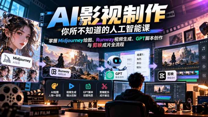 AI影视制作-你所不知道的人工智能课，掌握Midjourney绘图、Runway视频生成、GPT脚本创作与剪映成片全流程
