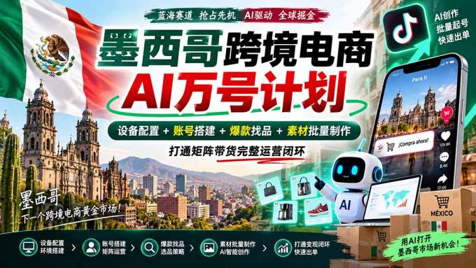 墨西哥AI跨境电商万号计划｜设备配置+账号搭建+爆款找品+素材批量制作，打通矩阵带货完整运营闭环
