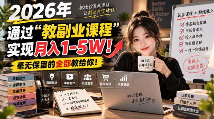 2026年通过“教副业课程”实现月入1-5W!毫无保留的全部教给你!