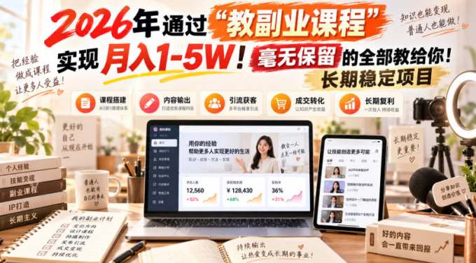 2026年通过“教副业课程”实现月入1-5W！毫无保留的全部教给你！长期稳定项目