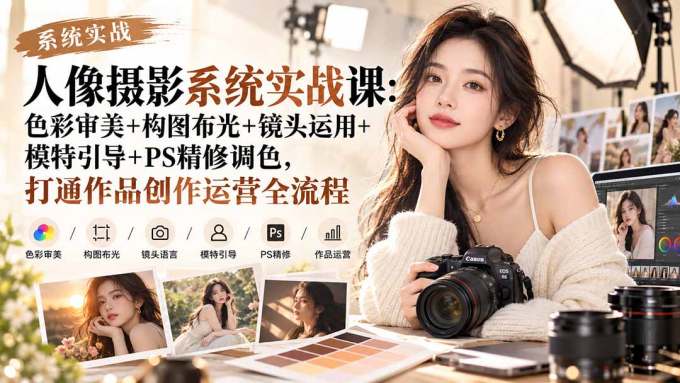 【无水印】人像摄影系统实战课：色彩审美+构图布光+镜头运用+模特引导+PS精修调色，打通作品创作运营全流程