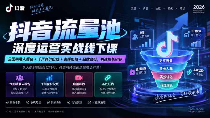 抖音流量池深度运营实战线下课｜云图精准人群包+千川竞价投放+直播加热+品效联投，构建增长闭环