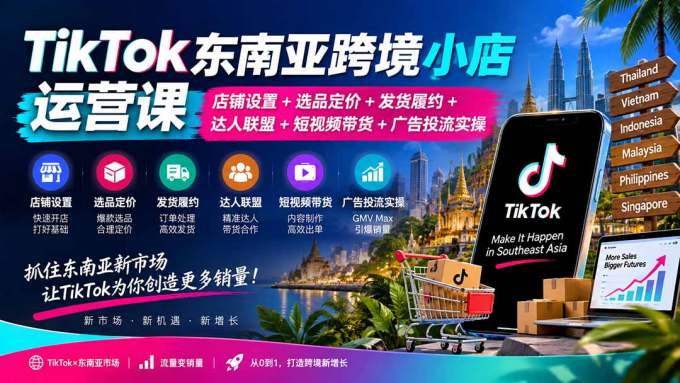 TikTok东南亚跨境小店运营课：店铺设置+选品定价+发货履约+达人联盟+短视频带货+广告投流实操