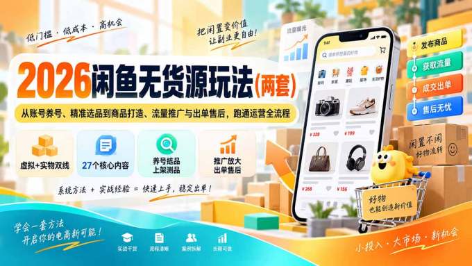 2026闲鱼无货源玩法（两套）：从账号养号、精准选品到商品打造、流量推广与出单售后，跑通运营全流程
