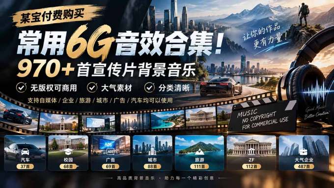 某宝付费购买，常用6G音效合集！970+首宣传片背景音乐，无版权可商用大气素材，分类清晰