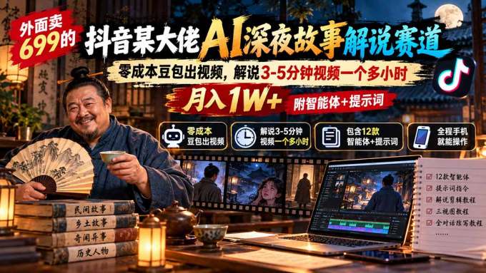 外面卖699的抖音某大佬AI深夜故事解说赛道：零成本豆包出视频，解说3-5分钟视频一个多小时，月入1W+附智能体+提示词