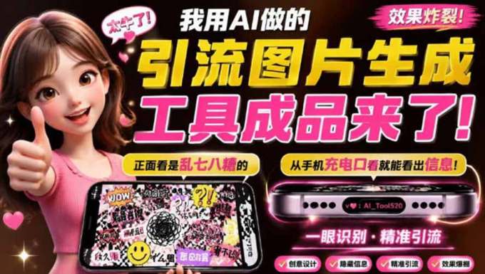 自媒体引流工具来了,把你的微信藏到图片中,正面看是乱七八糟的乱码,手机平躺从充电口看就能看出实际内容