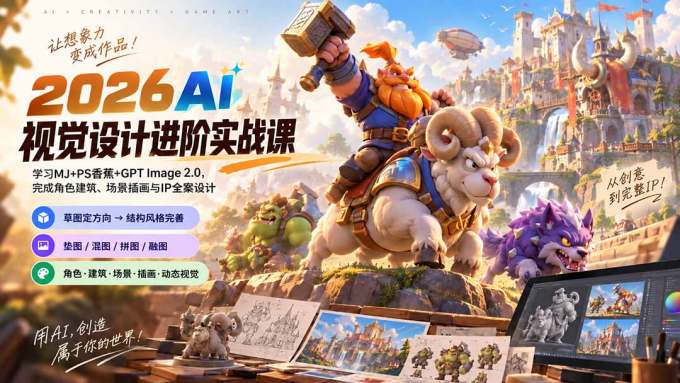 2026AI视觉设计进阶实战课-更新：学习MJ+PS香蕉+GPT Image 2.0，完成角色建筑、场景插画与IP全案设计