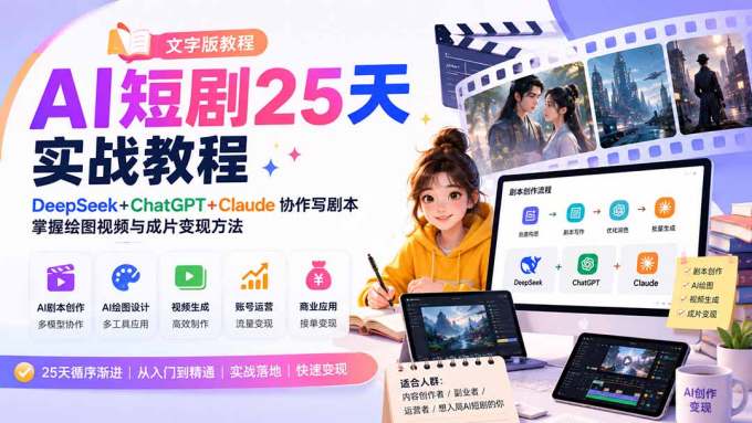 AI短剧25天实战教程（文字版教程）：DeepSeek+ChatGPT+Claude协作写剧本，掌握绘图视频与成片变现方法