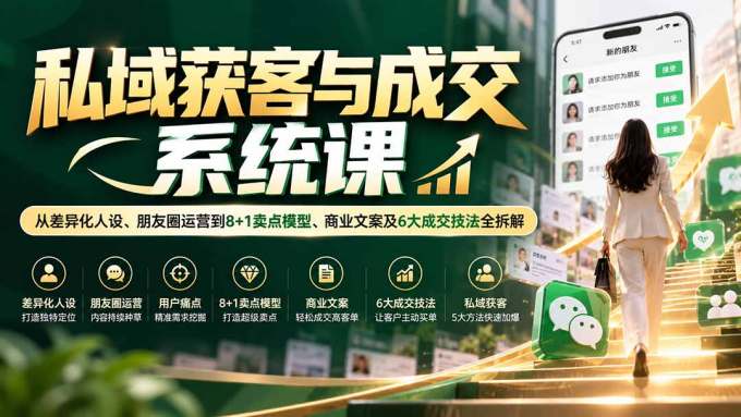 私域获客与成交系统课:从差异化人设、朋友圈运营到8+1卖点模型、商业文案及6大成交技法全拆解